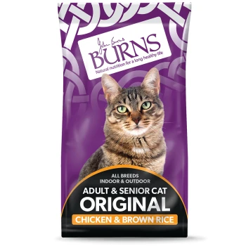 Cat food bag featuring a tabby cat on a purple background, labeled "Burns" with "Adult & Senior Cat Original Chicken & Brown Rice."