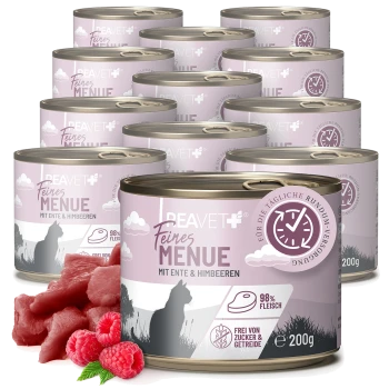 Dosen Beavet Feines Menü Katzenfutter mit Ente und Himbeeren, 98 % Fleisch, zucker- und getreidefrei, je 200g.
