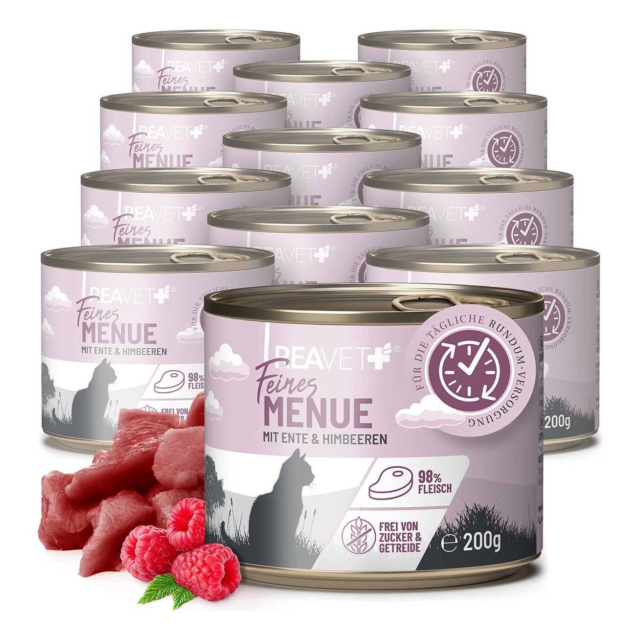 REAVET Feines Menue Katzenfutter - Huhn mit Ente & Himbeeren | 12 x 200g