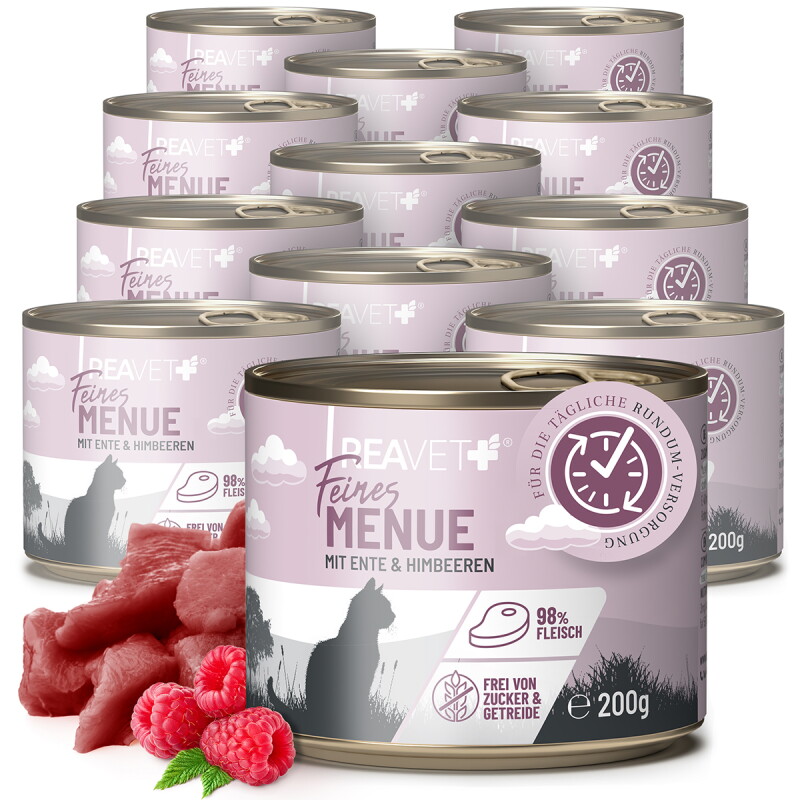 REAVET Feines Menue Katzenfutter - Huhn mit Ente & Himbeeren | 12 x 200g
