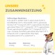 Hund mit einem weiß-braunen Fell neben einer Tierfuttertabelle, die Zutaten wie Huhn und Algen auflistet, beschriftet mit "UNSERE ZUSAMMENSETZUNG."