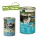 Real Nature "Wilderness" Dosenfutter für Haustiere: eine große Dose und eine kleine Dose mit dem Etikett "Frisches Wasser", mit Fisch und einem Wolf, mit verbessertem Rezept.