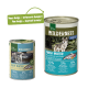 Real Nature "Wilderness" Dosenfutter für Haustiere: eine große Dose und eine kleine Dose mit dem Etikett "Frisches Wasser", mit Fisch und einem Wolf, mit verbessertem Rezept.