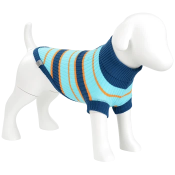 Weißes Hundemannequin trägt einen blau-, hellblau- und orange gestreiften gestrickten Rollkragen-Hundepullover.