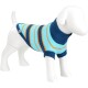 Witte hondenmannequin die een blauw, lichtblauw en oranje gestreepte gebreide coltrui voor honden draagt.