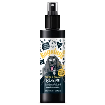 Schwarze Sprühflasche von Bugalugs Mango & Banana Kölnischwasser für Haustiere, mit einem Cartoon-Hund und dem Text "Keeps me smelling fresh!"
