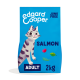 Blue cat food bag featuring a playful illustrated cat, labeled "SALMON," "ADULT," and "2kg," with "JUNK FREE" prominently displayed.