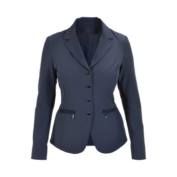 Navyblaue Damenreitjacke mit Reverskragen, dekorativen Perforationen und zwei vorderen Taschen mit Reißverschlüssen.