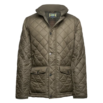 Olivgrüne gesteppte Jacke mit geknöpften Taschen und kariertem Innenfutter, auf weißem Hintergrund dargestellt.