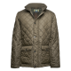 Olivgrüne gesteppte Jacke mit geknöpften Taschen und kariertem Innenfutter, auf weißem Hintergrund dargestellt.
