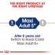 Graphic for Royal Canin dog food, featuring "Maxi Adult 5+" for dogs 5+ years, advising to switch to "Maxi Adult 8+" after 8 years.