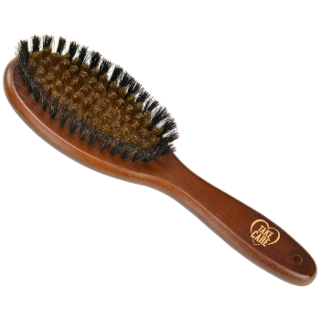 Brosse de toilettage en bois pour animaux avec un manche courbé, dotée d'un mélange de poils et de pinces, gravée avec "TAKE CARE" dans un cœur.