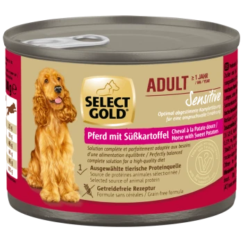Select Gold Adult Sensitive Hundefutterdose mit Pferd- und Süßkartoffelgeschmack, mit Bild eines Golden Retrievers.
