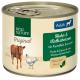 Blikvoer voor huisdieren gelabeld 'Real Nature Original' met kip- en kalfs hartjes met aardappelen en lijnzaadolie, geschikt voor volwassen honden.