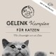 Verpackung von Gelenk Komplex für Katzen mit einer Nahaufnahme des Gesichts einer grauen Katze, mit Text, der angibt, dass es 100% natürlich ist und einen Dosierlöffel enthält.