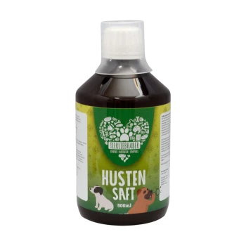 Flasche "Husten Saft" für Haustiere, 500ml, mit einem grünen Etikett und Illustrationen eines Hundes und einer Katze.