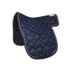 Navyblaues, gestepptes Sattelpad mit einem strukturierten Muster, ausgestattet mit einem rot-weißen geflochtenen Rand und einem Klettverschluss.