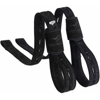 Schwarze Reitzügel mit Wildledertextur, die das Logo "EQUINATE" am Ledergriff tragen.