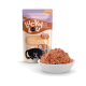 Verpackung von Lucky Lou Katzenfutter mit Geflügel und Lachs mit Zucchini, 125g, getreidefrei, ohne Zuckerzusatz, mit einer Schüssel Futter.