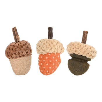 Three plush acorn-shaped dog toys in varying colors: brown, orange with white polka dots, and dark gray, each with a stick handle.