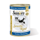 Dosen-Hundefutter 'Sanoro Sensitiv Rind' mit einer Grafik eines laufenden Hundes, enthält 20% Bio-Rindfleisch, Kartoffeln und Karotten.