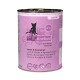 Blikvoer voor katten gelabeld 'catz finefood' met een roze ontwerp, met 'Lamm & Kaninchen' (Lam & Konijn) en 'N° 11'.