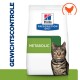 Hill's Prescription Diet Metabolic kattenvoerzak met een tabby kat in een blauwe halsband, "GEWICHTSCONTROLLE," en een oranje kippictogram.