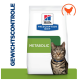 Hill's Prescription Diet Metabolic kattenvoerzak met een tabby kat in een blauwe halsband, "GEWICHTSCONTROLLE," en een oranje kippictogram.