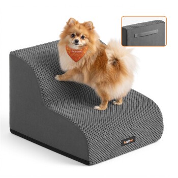 Zwergspitz auf grau strukturierter Feandrea-Haustierrampe, trägt oranges Bandana mit Aufschrift 'Feandrea'; Einblendung zeigt Stoffgriff.