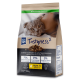 Eine Katzenfutterverpackung mit einer grauen Katze auf der Vorderseite, beschriftet mit 'Tastyness²', mit 75% Fleisch, 25% Gemüse und 0% Getreide.
