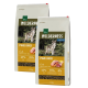 Deux sacs de nourriture pour chiens étiquetés "Wilderness Pure Duck", avec une image de loup, contenant 65 % de canard et 35 % d'autres ingrédients, chacun de 12 kg.
