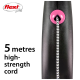 Flexi retractable dog leash featuring a 5-metre high-strength cord, with a black handle and pink accents.