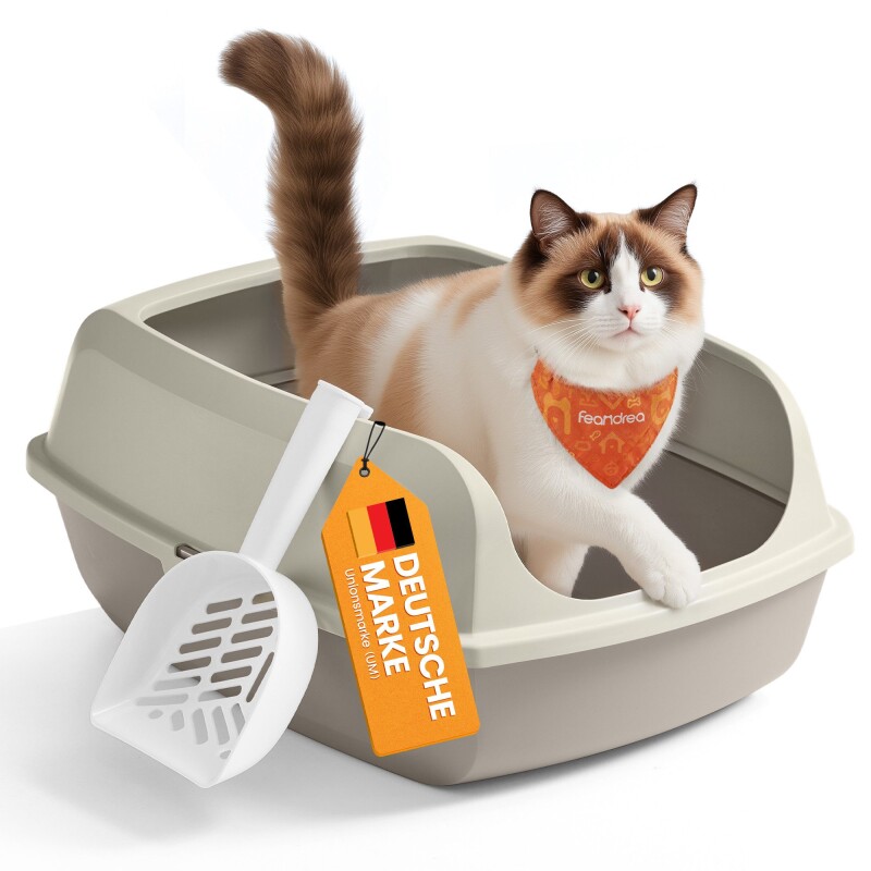 FEANDREA Katzenklo mit hohen Seitenwänden,XXL offene Katzentoilette, mit Schaufel beige