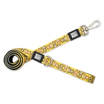 Gelbe Hundeleine mit Cartoon-Affenmuster und schwarzem "Max & Molly Urban Pet"-Etikett, Metallclip und Ring.