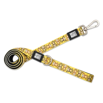 Gelbe Hundeleine mit Cartoon-Affenmuster und schwarzem "Max & Molly Urban Pet"-Etikett, Metallclip und Ring.