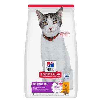 Zak Hill's Science Plan kattenvoer met wit-grijze kat, labels 'Senior 11+' en 'met kip' en Hill's-logo.