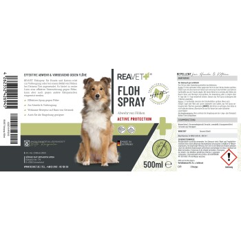 REAVET Flohspray für Hunde und Katzen, 500ml, wirksam gegen Flöhe, hergestellt in Deutschland, mit Geraniol als Wirkstoff.