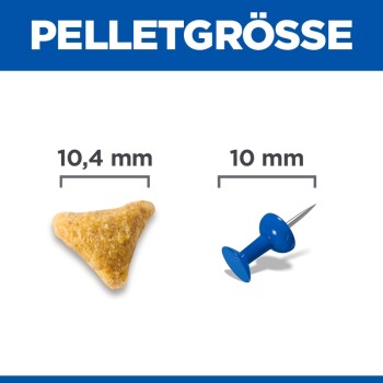 Diagramm mit der Beschriftung 'PELLETGRÖSSE', zeigt dreieckiges Trockenfutter-Pellet 10,4 mm (links) und blaue Reißzwecke 10 mm (rechts).