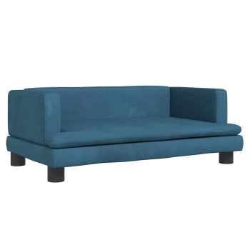 Blaues Samt-Haustiersofa mit erhöhten Seiten und schwarzen zylindrischen Beinen auf weißem Hintergrund.