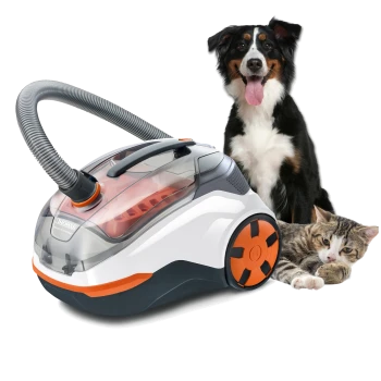 Ein kompakter, moderner Staubsauger mit einem transparenten Staubbehälter, orangefarbenen Akzenten und einem flexiblen Schlauch, der für die Entfernung von Tierhaaren konzipiert ist.
