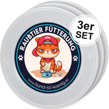 Cartoon-Katze mit einer Mütze und einem Bandana, die neben einer Futterschüssel sitzt, mit dem Text "RAUBTIER FÜTTERUNG" und "3er SET" auf einem Futtergeschirr-Set.