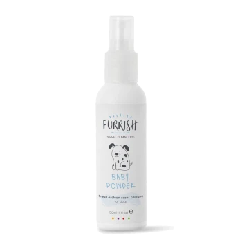 White spray bottle labeled Furrish Baby Powder dog cologne, 150 ml, 'Good. Clean. Fun.' with cartoon spotted puppy