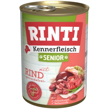 Dosen-Hundefutter mit der Aufschrift "RINTI Kennerfleisch Senior" mit Rindfleisch, getreidefrei, mit Bildern von Fleischstücken und Gemüse.
