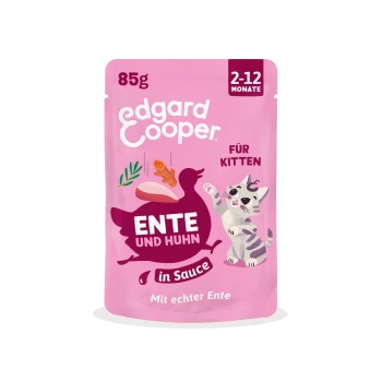 Rosa Edgard Cooper 85 g Kittenfutter-Beutel 'Ente und Huhn in Sauce' (2–12 Monate) mit Katzenillustration.