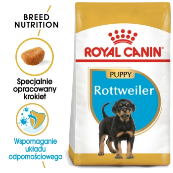 Torba z jedzeniem Royal Canin dla szczeniąt rasy Rottweiler z obrazkiem szczeniaka Rottweilera, z tekstem podkreślającym odżywianie rasy i wsparcie odporności.