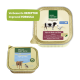 Zwei Real Nature Tierfutterbehälter: "Original" mit Rind und Ente, und "Junior" mit Fisch und Lamm, beide gekennzeichnet mit "Verbesserte Formel."