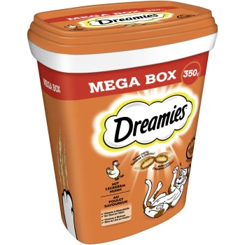 Eine 350g orangefarbene Verpackung von Dreamies Katzenleckerlis, mit einer verspielten Katze und einer Hühnerillustration, mit Text in Deutsch und Französisch.