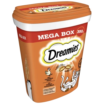 Eine 350g orangefarbene Verpackung von Dreamies Katzenleckerlis, mit einer verspielten Katze und einer Hühnerillustration, mit Text in Deutsch und Französisch.