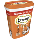 Eine 350g orangefarbene Verpackung von Dreamies Katzenleckerlis, mit einer verspielten Katze und einer Hühnerillustration, mit Text in Deutsch und Französisch.