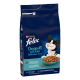 Blauer Purina Felix Katzenfutterbeutel 'Doppelt Lecker Délicieux DUOS' mit einer leckenden schwarz-weißen Katze und einer Schüssel Trockenfutter, 4 kg.
